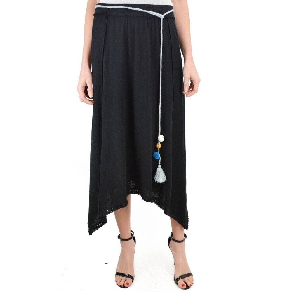 Grey State Black 'Lani' Skirt Size 3/Large Woven Belt Cotton/Linen Elastic Waist